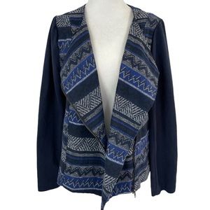 Skies Are Blue Stripe Jacquard Faux Suede Sleeve Moto Jacket Blue Size Medium